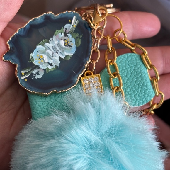 Turquoise Fur Pom Pom upcycled jewelry bag charm with Gold Chain - Picture 1 of 8